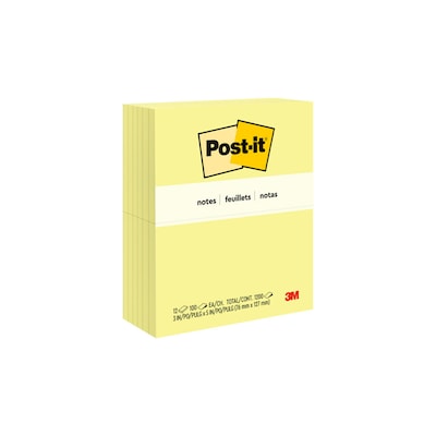 Post-it Notes, 3 x 5, Canary Collection, 100 Sheet/Pad, 12 Pads/Pack (655-YW)