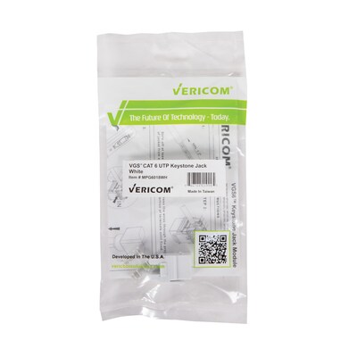 Vericom VGS6 Series Unshielded UTP CAT-6 RJ45 180° Keystone Jack, White, 25-Pack (MPG6018WH-25)
