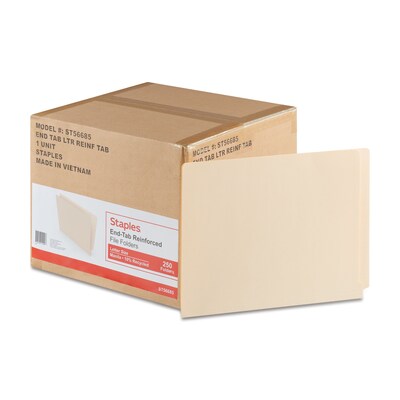 Staples® Reinforced End Tab File Folders, Straight Cut, Letter Size, Manila, 250/Box (TR56685)