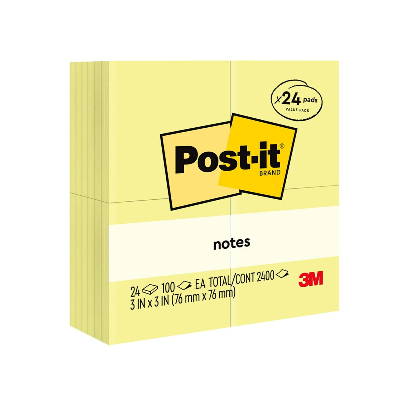 Post-it Notes, 3 x 3, Canary Collection, 100 Sheet/Pad, 24 Pads/Pack (654-24VAD-B)