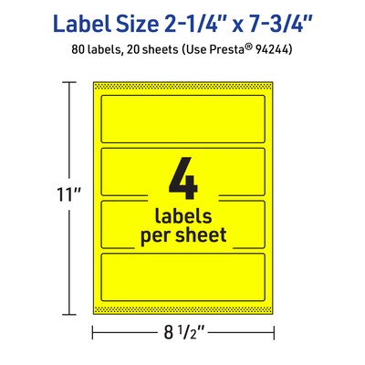 Avery Rectangle Laser/Inkjet Multipurpose Labels, 2.25" x 7.75", Neon Yellow (80/Pack)
