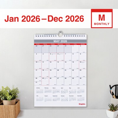 2026 Staples 8 x 11 Monthly Wall Calendar, White/Red/Gray (ST53922-26)
