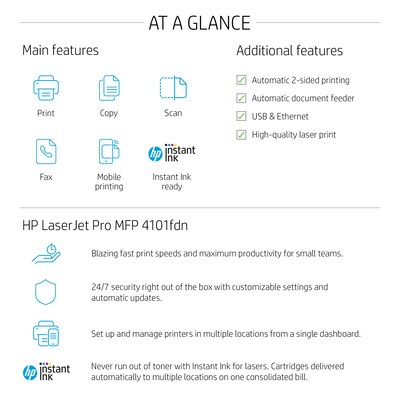 HP LaserJet Pro MFP 4101fdn Laser Printer, Scan, Copy, Fax, Mobile Print, Secure, Best for Office, Ethernet Only (2Z618F)