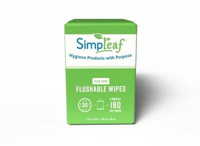 Simpleaf Aloe Vera Scented Flushable Wipes, 30 Single Wipes/Box, 6 Boxes/Carton (S-004-180counts)