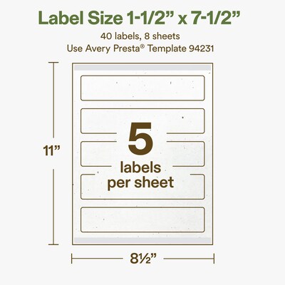 Avery Hemp Rectangle Laser/Inkjet Multipurpose Labels, 1-1/2" x 7-1/2", Off-White (40/Pack)
