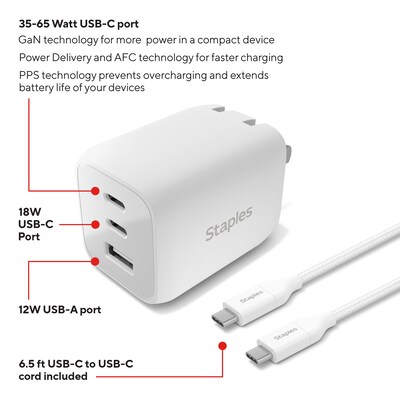 Staples® USB-A/USB-C Wall Charger, White (ST62326)