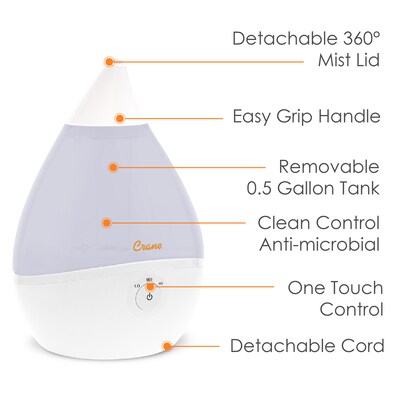 Crane Droplet Ultrasonic Cool Mist Tabletop Humidifier, 0.5-Gallon, White (EE-5302W)