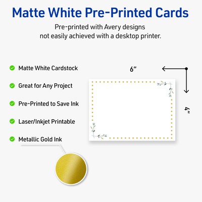 Avery Gold Dots with Green Florals Matte Blank Card, White, 20/Pack (S00-DN8)