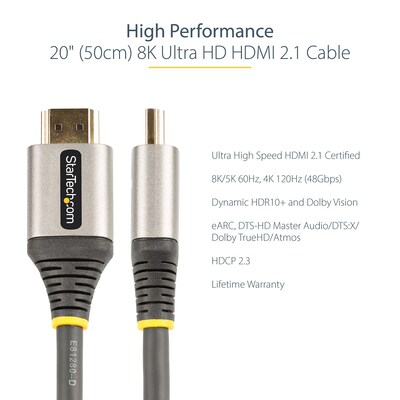 StarTech 20" HDMI 2.1 Cable, Certified Ultra High Speed 8K HDMI Cable (HDMM21V50CM)