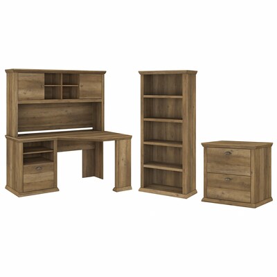 Bush Furniture Yorktown 60 Corner Desk with Hutch, Lateral File Cabinet, and 5-Shelf Bookcase, Reclaimed Pine (YRK002RCP)