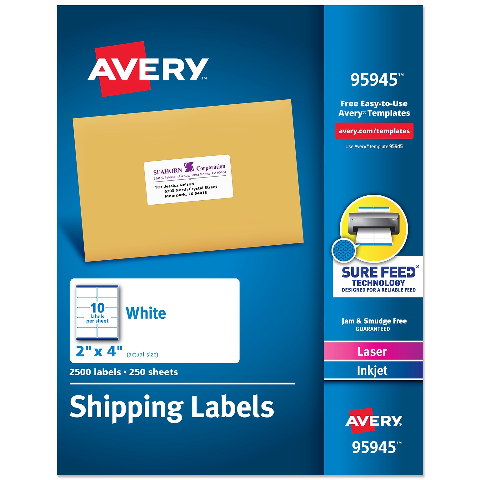 Avery Sure Feed Laser/Inkjet Shipping Labels, 2 x 4, White, 10 Labels/Sheet, 2,500 Labels/Box (95945)