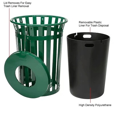 Global Industrial Outdoor Slatted Steel Trash Can w/ Flat Lid, 36 Gallon, Green (237726GN)