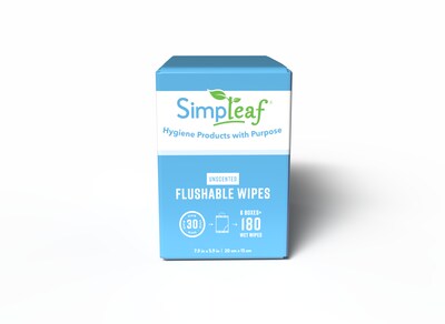 Simpleaf Unscented Flushable Wipes, 30 Single Wipes/Box, 6 Boxes/Carton (S-011-180counts)