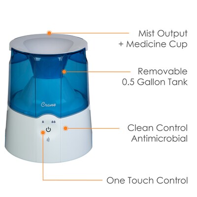 Crane Warm Mist Tabletop Humidifier, 0.5-Gallon, For Rooms 250 sq. ft., Blue/White (EE-5202H)