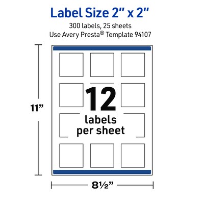 Avery Waterproof Square Laser Multipurpose Labels, 2" x 2", White, 300/Pack (19479399485)
