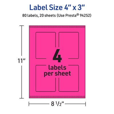 Avery Laser/Inkjet Rectangle Multipurpose Labels, 4" x 3", Neon Magenta, 80/Pack (94252)