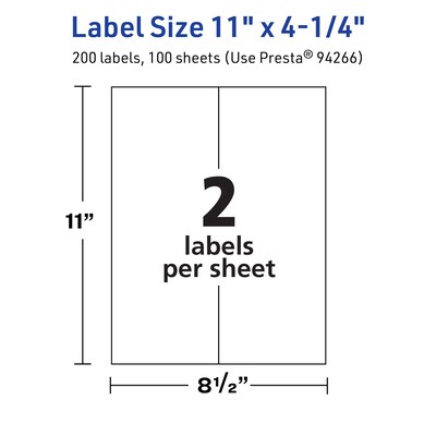 Avery TrueBlock Laser/Inkjet Rectangle Multipurpose Labels, 11" x 4.25", White, 200/Box (94266)