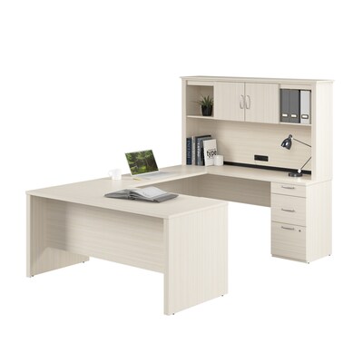 Bestar Logan 66W U or L Shaped Desk with Drawers and Hutch, White Chocolate (46410-31)