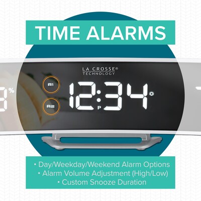 La Crosse Technology White Curved Alarm Clock with Mirrored LED Lens Display (602-247)