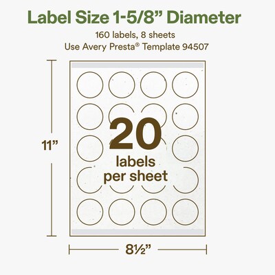 Avery Hemp Round Laser/Inkjet Multipurpose Labels, 1-5/8" Dia, Off-White (160/Pack)