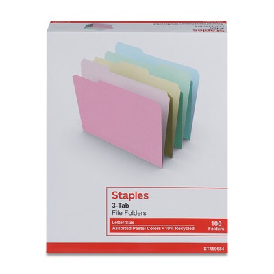 Staples File Folders, 1/3-Cut Tab, Letter Size, Assorted Pastels, 100/Pack (ST459684-CC)