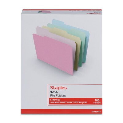 Staples® File Folders, 1/3-Cut Tab, Letter Size, Assorted Pastels, 100/Pack (ST459684-CC)