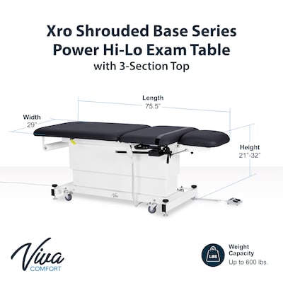 Viva Comfort XRO Electric Height and Back Adjustable Exam Table with Stirrups, 600 lb Capacity, Black (ADI903-24-BLK-MK)
