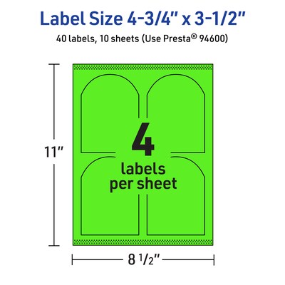 Avery Laser/Inkjet Multipurpose Decorative Edge Labels, 4.75" x 3.5", Neon Green, 40/Pack (94600)