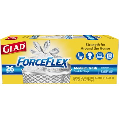 Glad Medium Quick-Tie Trash Bags, ForceFlex 8 Gallon White Trash Bag, Unscented, 26/Box (70403)