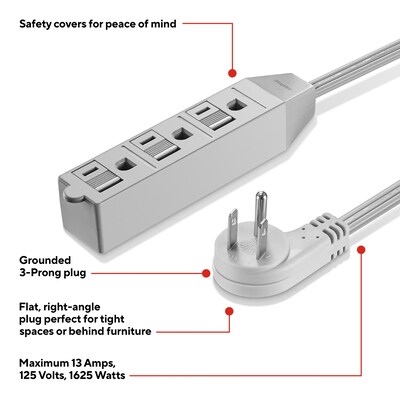 Staples TECH 15' Extension Cord, 3-Outlet, 16 AWG, Gray, 2/Pack (ST62347)