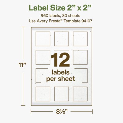 Avery Square Laser/Inkjet Multipurpose Labels, 2" x 2", Off-White (960/Box)