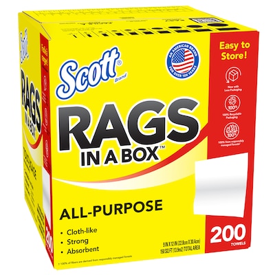 Scott Rags In a Box Fabric Wipers, White, 200 Wipers/Box, 8 Boxes/Carton (75260)