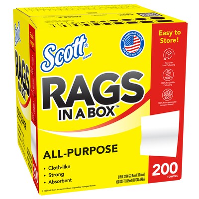 Scott Rags In a Box Cleaning Rags, White, 200 Rags/Box (72560)