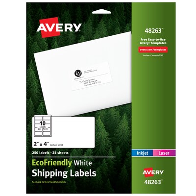 Avery EcoFriendly Laser/Inkjet Shipping Labels, 2 x 4, White, 250 Labels/Pack (48263)