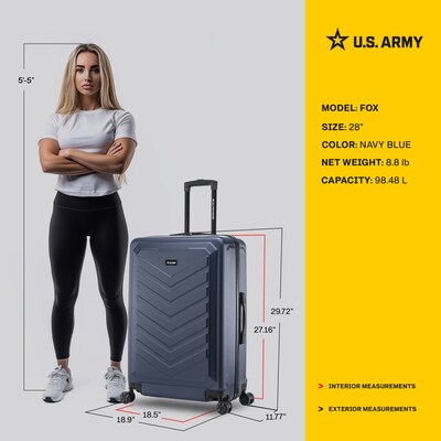 US Army FOX 28" Hardside Suitcase, 4-Wheeled Spinner, TSA Checkpoint Friendly, Navy Blue (USLFOX00L-BLU)