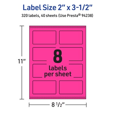Avery Laser/Inkjet Rectangle Multipurpose Labels, 2" x 3.5", Neon Magenta, 320/Pack (94238)