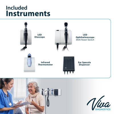 Viva Comfort Diagnostic Wall System with Ophthalmoscope, Otoscope, Thermometer, Ear Specula Dispenser, White (ME914-02-OOIE-MK)