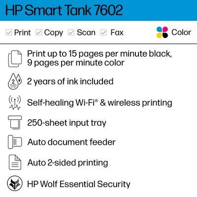 HP Smart Tank 7602 Wireless Color Inkjet Printer, All-In-One Supertank, Print, Scan, Copy, Fax (28B98A#B1H)