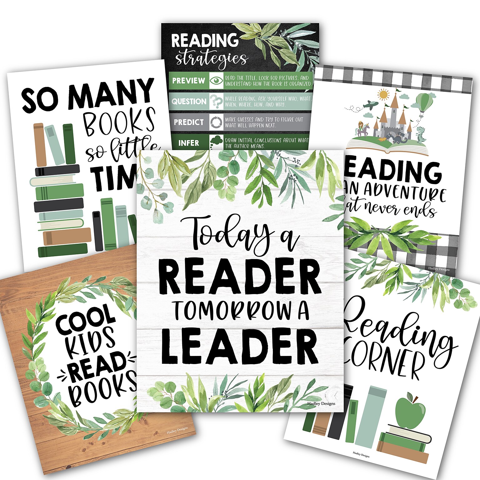 Hadley Designs 11 x 14 Farmhouse Greenery Reading Posters For Classroom Library Decor, 6/Set (HDDX004A2EQ5P)