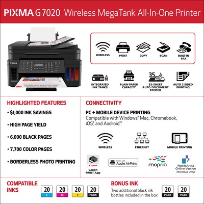 Canon MegaTank PIXMA G7020 Wireless Color Inkjet Printer, All-In-One Supertank, Print, Scan, Copy, Fax (3114C002)