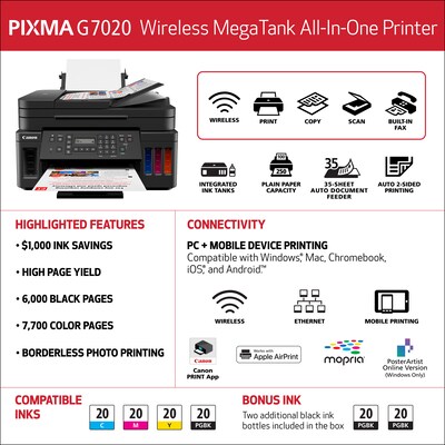 Canon PIXMA G7020 MegaTank 3114C002 Wireless Color Inkjet All-in-One Printer