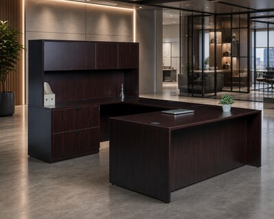 Boss Office Products 66" U-Shaped Desk with Lateral File and Hutch, Mocha (GROUPA17-MOC)