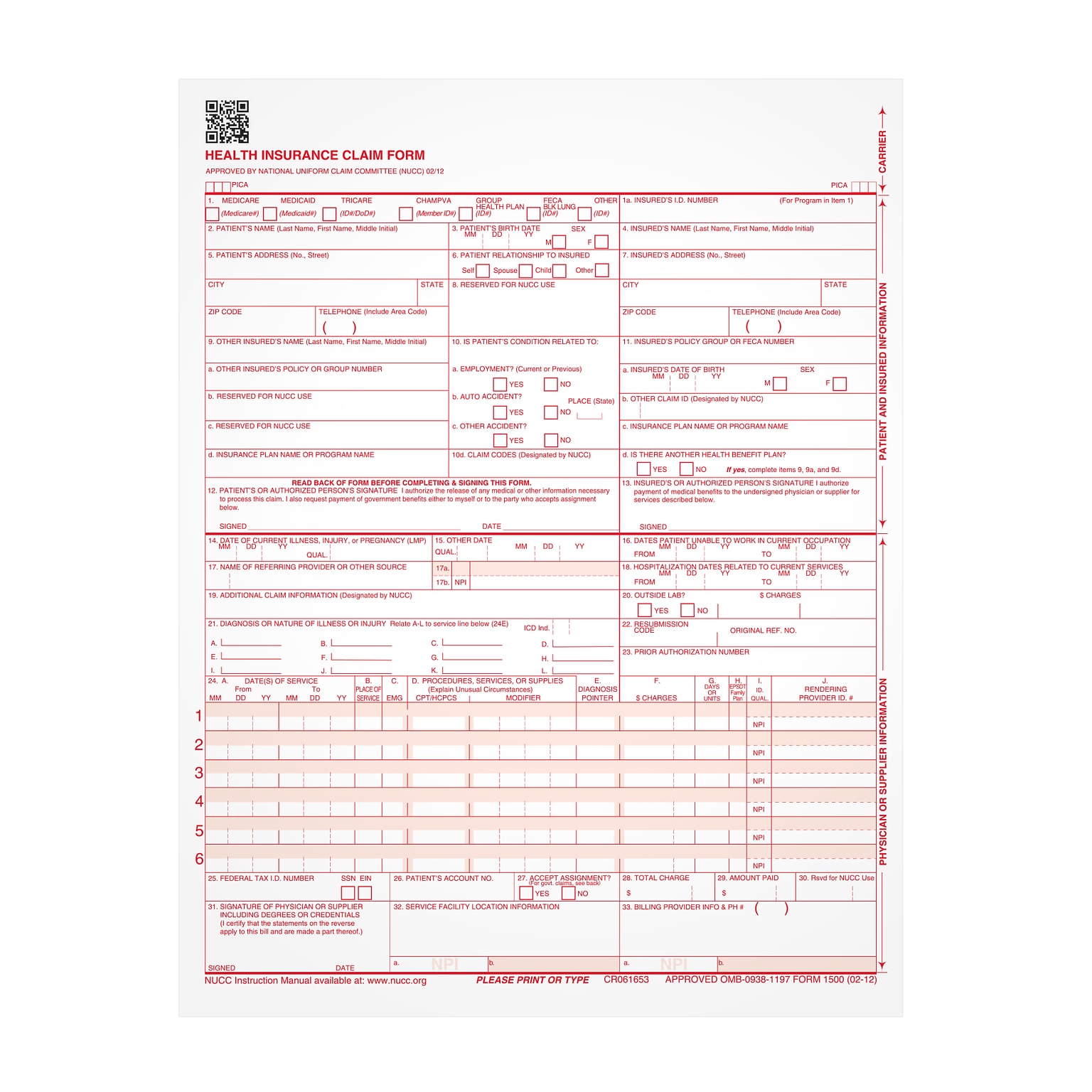 TOPS CMS-1500 Health Insurance Claims, 500/Pack (TOP 50126RV)