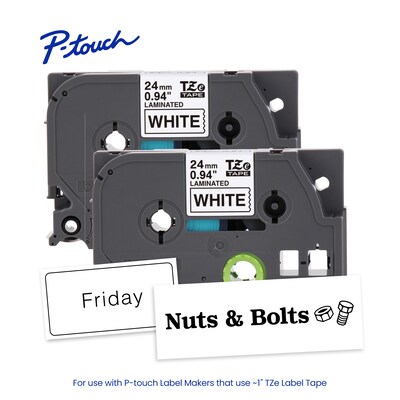 Brother P-touch Laminated Label Tape, 1" x 26.2', Black on White, 2/Pack (TZe2512PK)