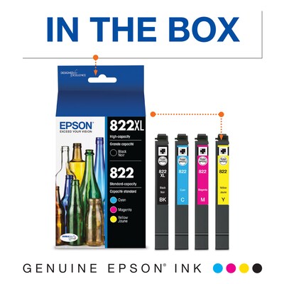 Epson T822XL/T822 Black High Yield and Cyan/Magenta/Yellow Standard Yield Ink Cartridges, 4/Pack (T822XL-BCS)
