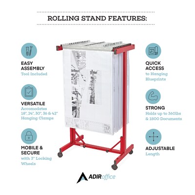 AdirOffice Blueprint Metal Mobile File Cart with Lockable Wheels, Red (615-RED)