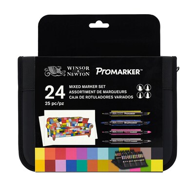 Winsor & Newton Promarker Dual-Tip Alcohol Based Mixed Marker, Zipper Wallet, Assorted Colors, 24/Pack (WNX0290037)
