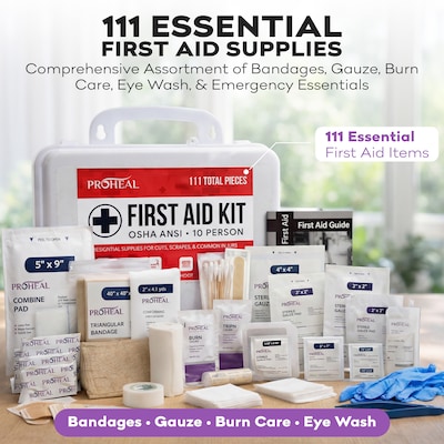 ProHeal OSHA Compliant First Aid Kit, ANSI Class A, Type III, Serves 10 People, 111 Pieces (PH-16621H)