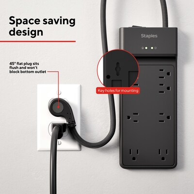 Staples TECH 8-Outlet Surge Protector, 12', 4500 Joules, Black (ST62782)