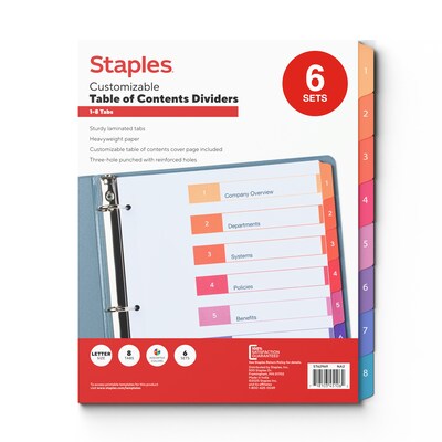 Staples Customizable Table of Contents Numeric Dividers, 8-Tabs, 6 Sets, Multicolor (ST62969)
